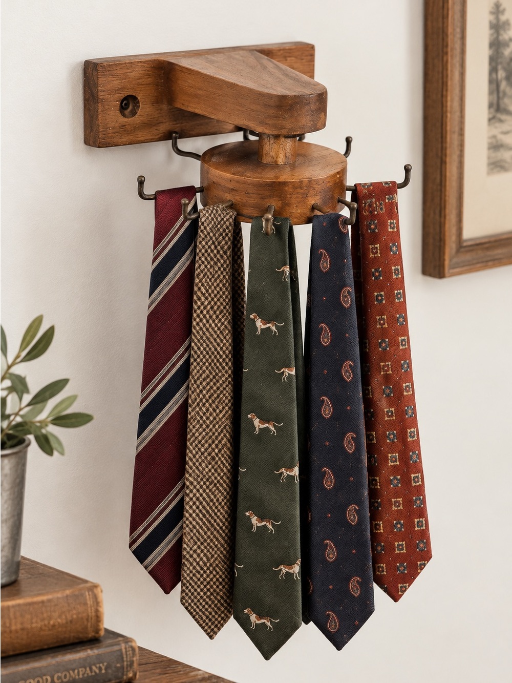 Vintage Rotating Wood Necktie Rack Wall Mount Mid Century Tie Holder Men’s Valet